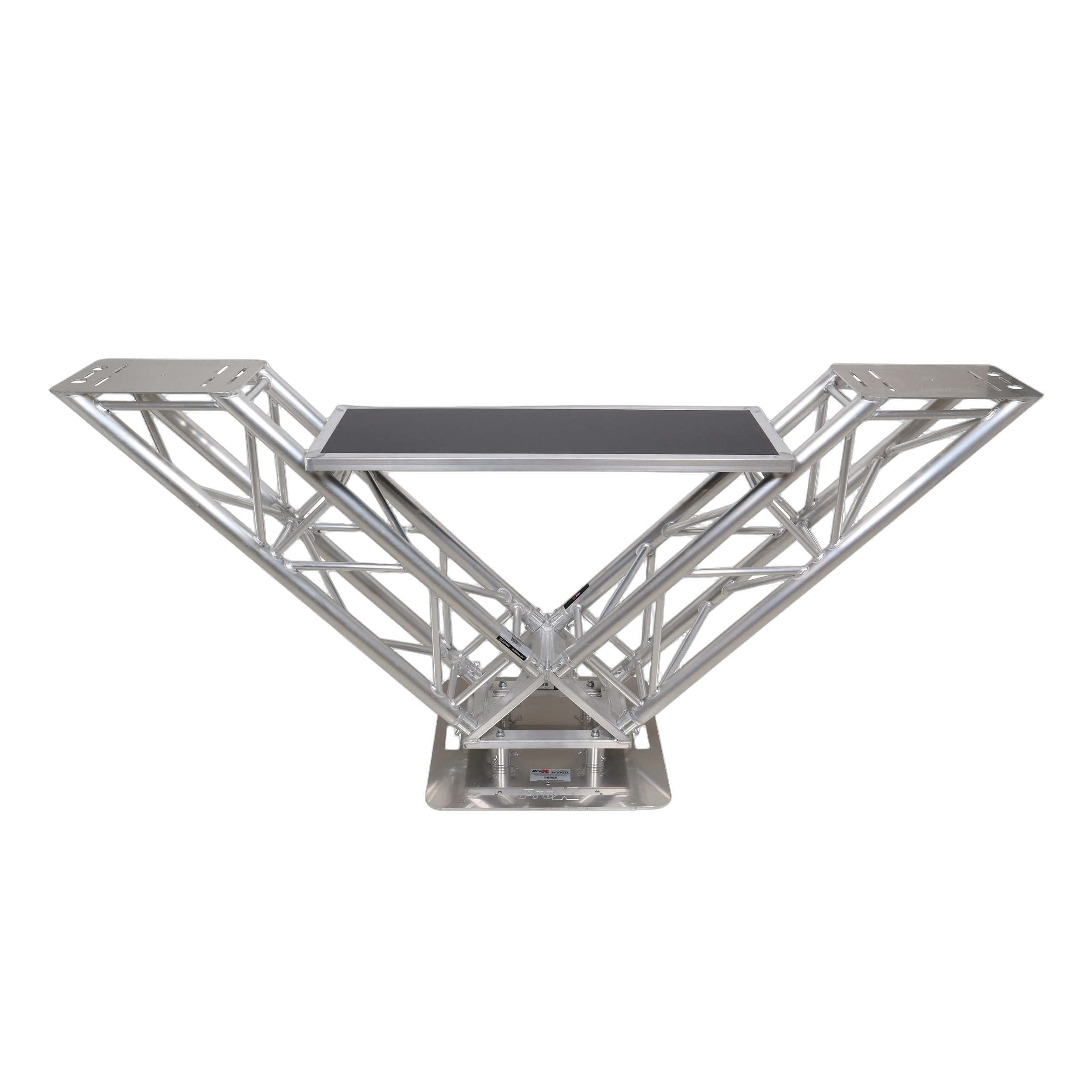 ProX VERRAZANO V-Shape Aluminum Truss DJ Table Front View ProX VERRAZANO V-shape aluminum truss DJ table with elevated monitor shelves and 24-inch base plate