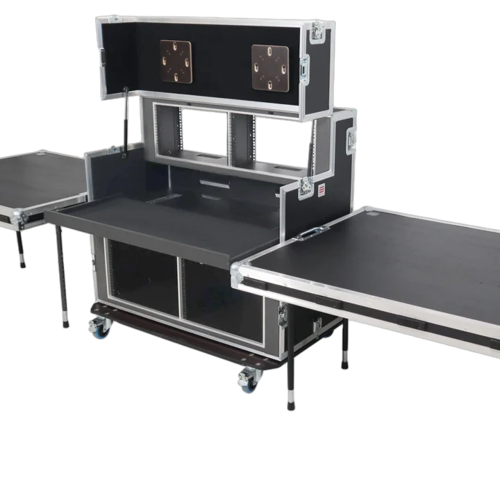 ProX video controller regie system with dual 24-inch monitors mounted on professional 9U and 6U flight cases