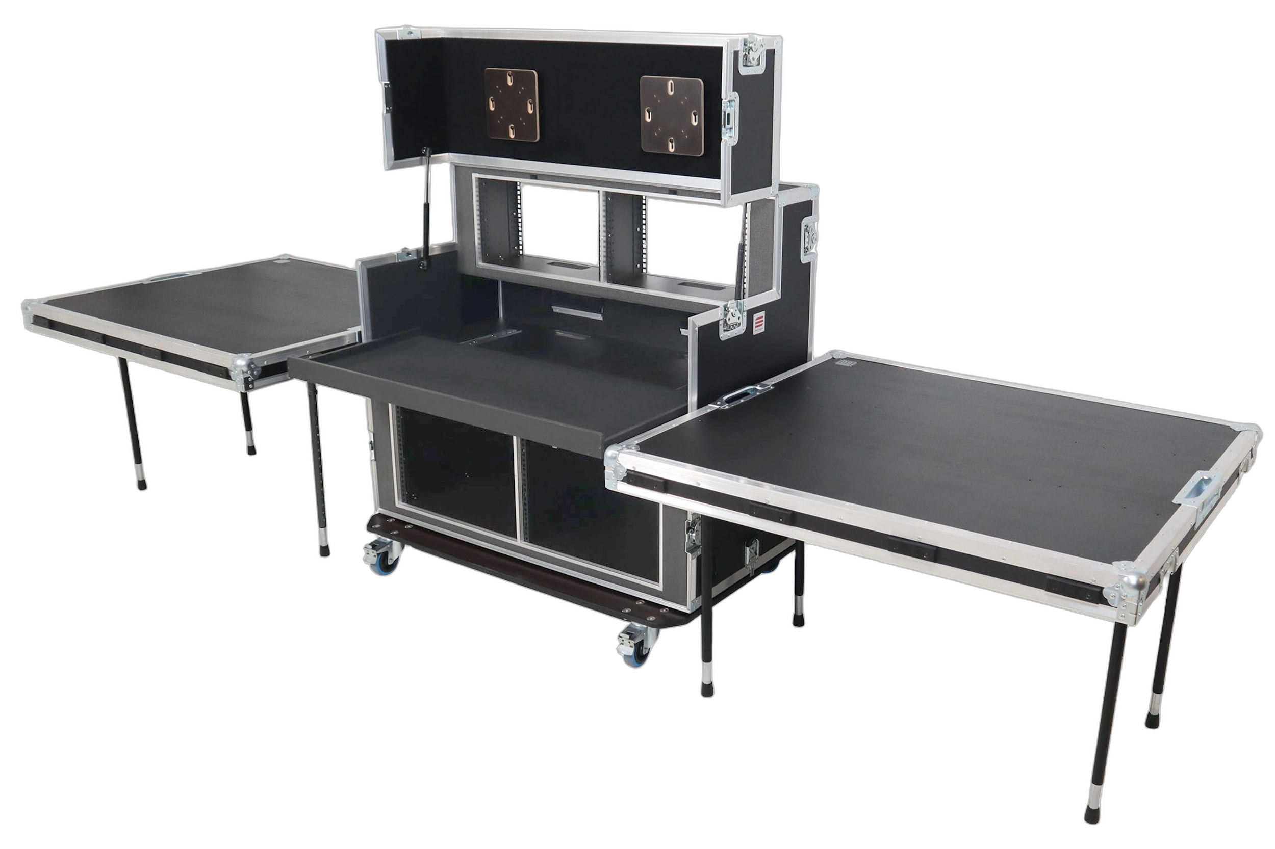 ProX Video Controller Regie 2x 24 Inch Monitors Rack System ProX video controller regie system with dual 24-inch monitors mounted on professional 9U and 6U flight cases