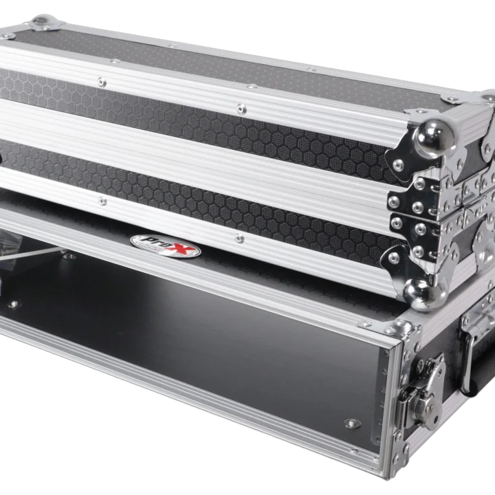ProX X-2UE 2U deluxe effects rack with handles and rail-to-rail design, side profile view