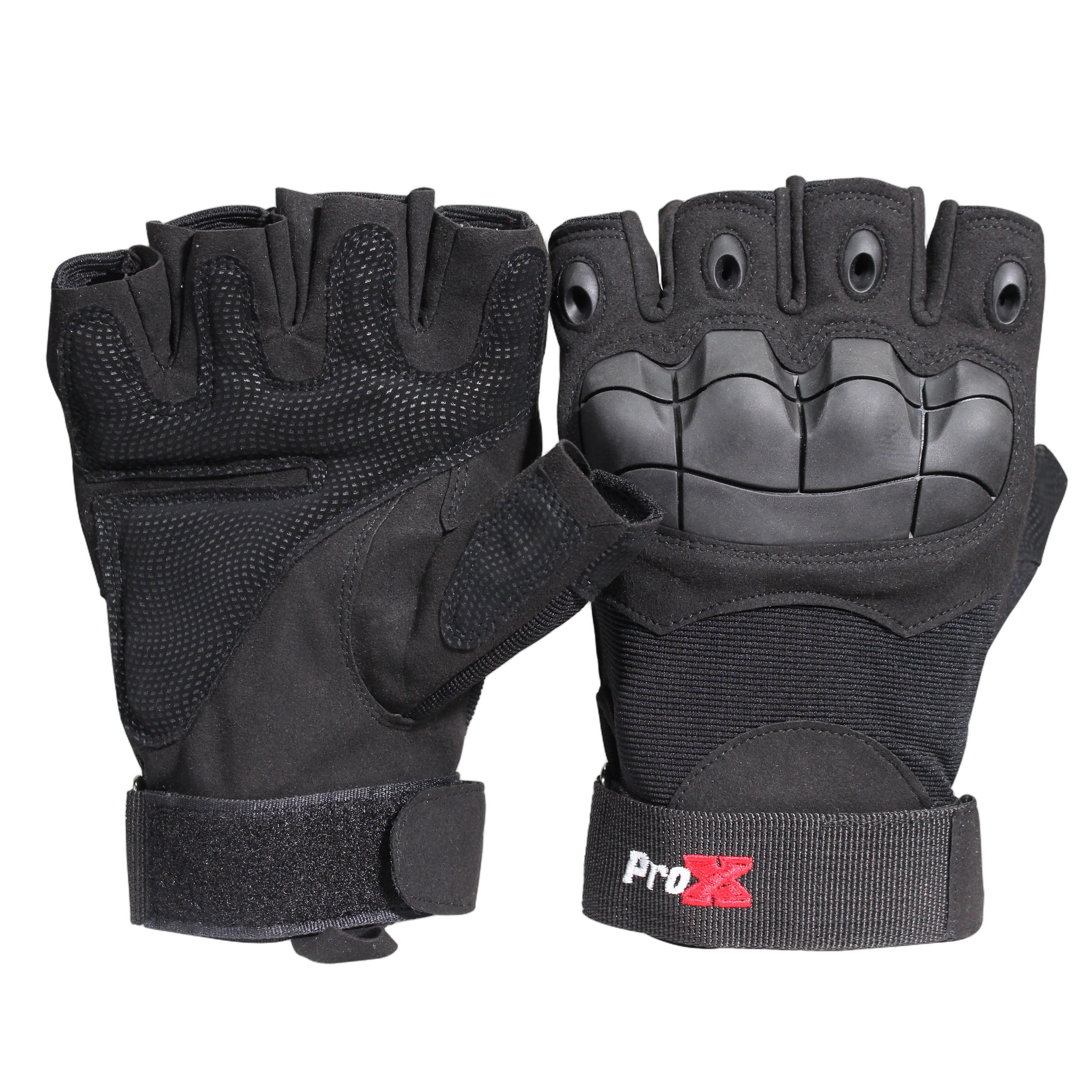 ProX X-GRIPZ Fingerless Gloves Hard Rubber Knuckle Detail ProX X-GRIPZ fingerless gloves showing hard rubber knuckle protection detail and grip texture