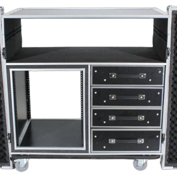 ProX XS 12U shockproof ATA flight case with dual side tables and mixing console rack