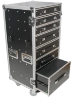 ProX XS-7DTW utility drawer flight case with fold-out side table and casters in professional studio setup