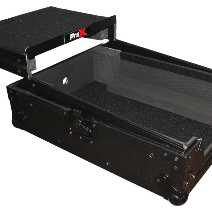 ProX XS-M12LT black ATA flight case for 12-inch DJ mixer with laptop shelf front view