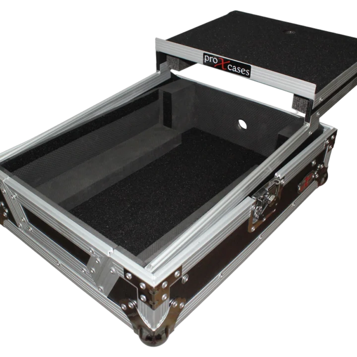 ProX XS-M12LT large format DJ mixer ATA flight case with laptop shelf, front panel view
