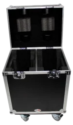 ProX moving head lighting case dimensional diagram showing measurements for two units with casters