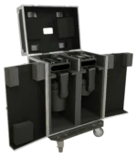 ProX XS moving head road case interior showing foam compartments for two wash moving heads with three-door access