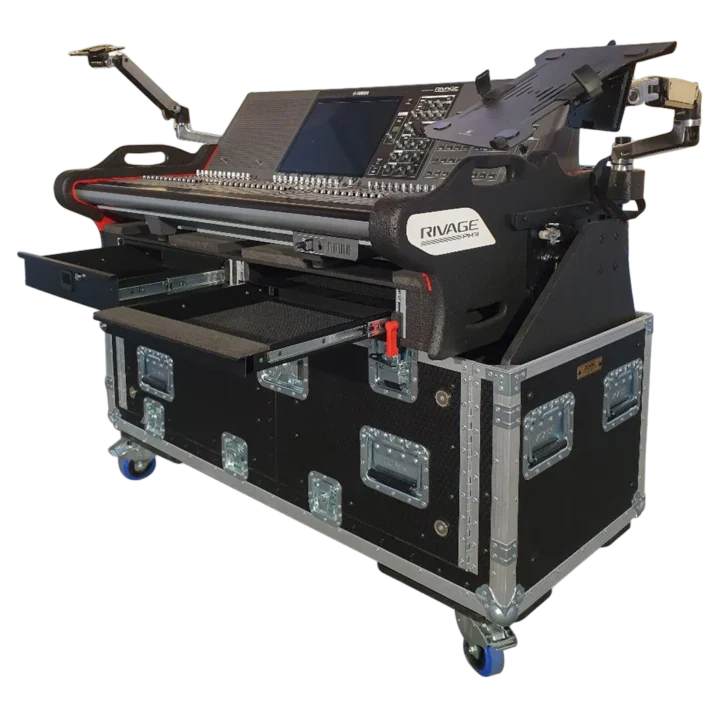 ProX flip-ready flight case for Yamaha PM3 RIVAGE console with 2U rack space, front view