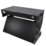 ProX Z-Table folding DJ workstation with flight case handles and wheels, black finish front view
