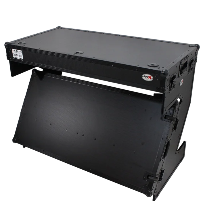 ProX Z-Table folding DJ workstation with flight case handles and wheels, black finish front view
