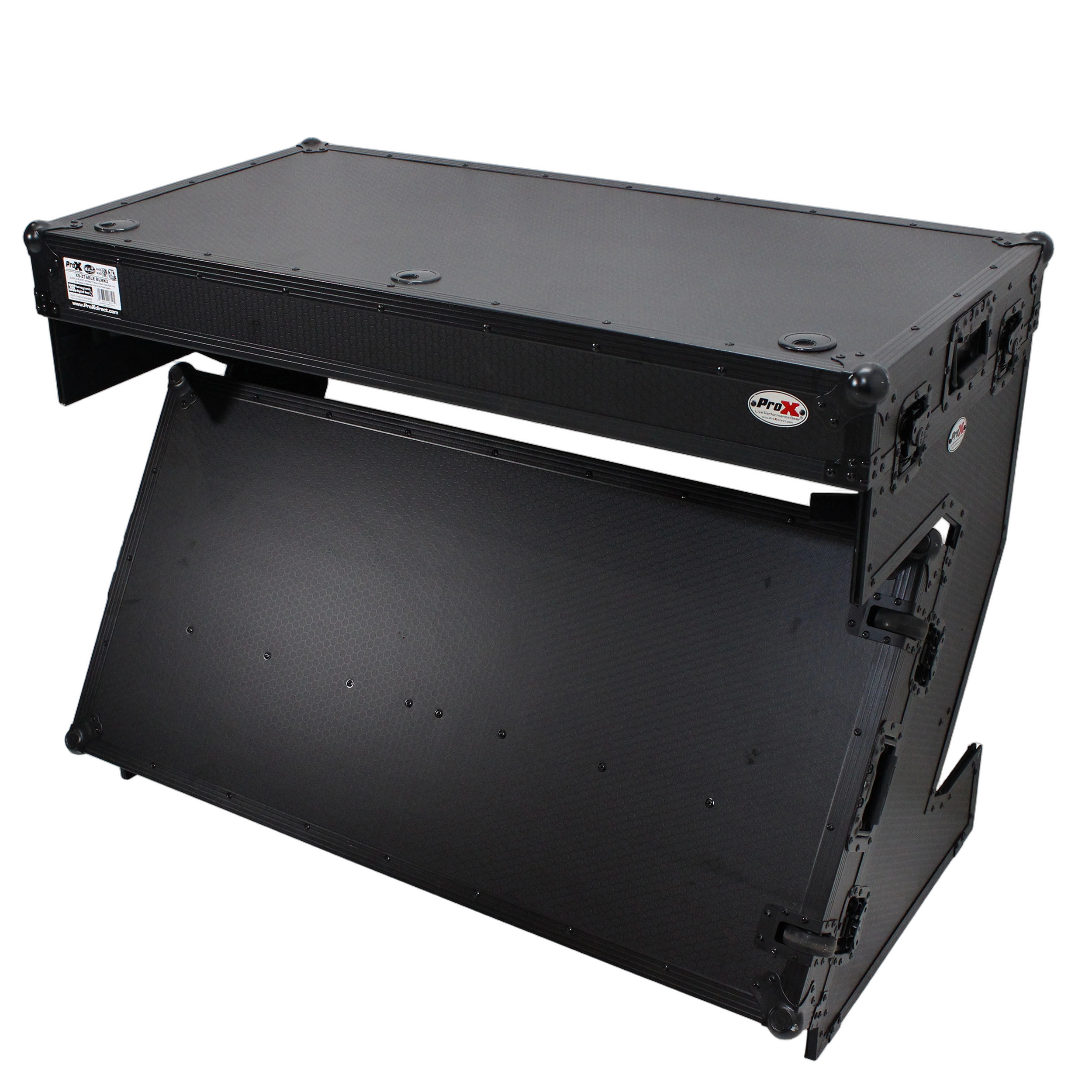 ProX Z-Table Folding DJ Workstation Front View ProX Z-Table folding DJ workstation with flight case handles and wheels, black finish front view