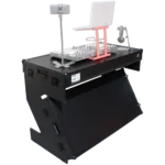 ProX Z-Table folding DJ workstation with flight case handles and wheels in black finish, mobile setup configuration