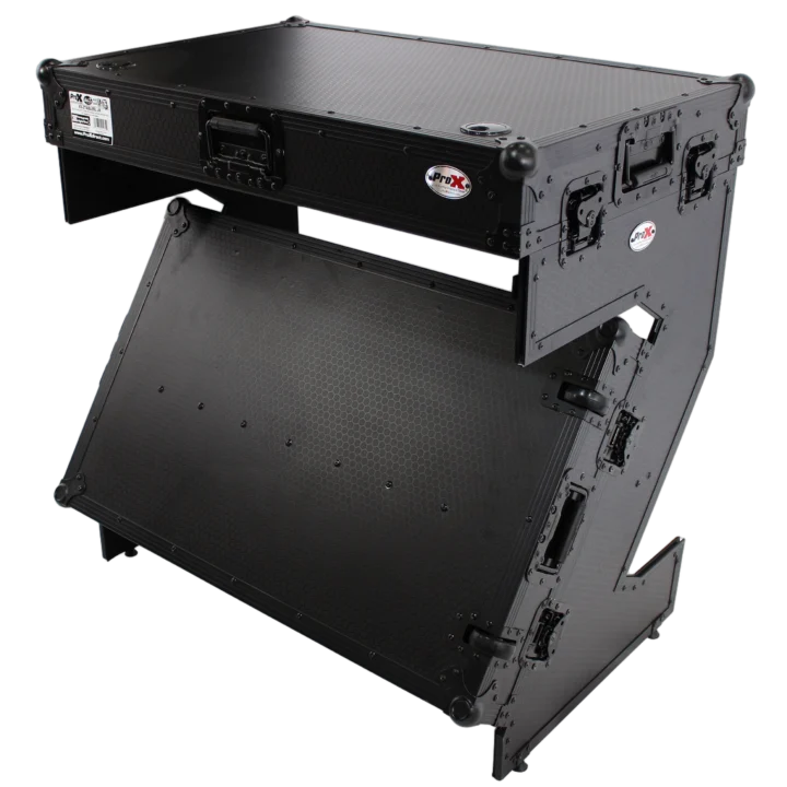 ProX Z-Table Jr black folding DJ table with flight case handles and wheels front view