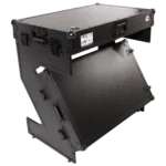 ProX Z-Table Jr black folding DJ table with flight case handles and wheels, side angle view