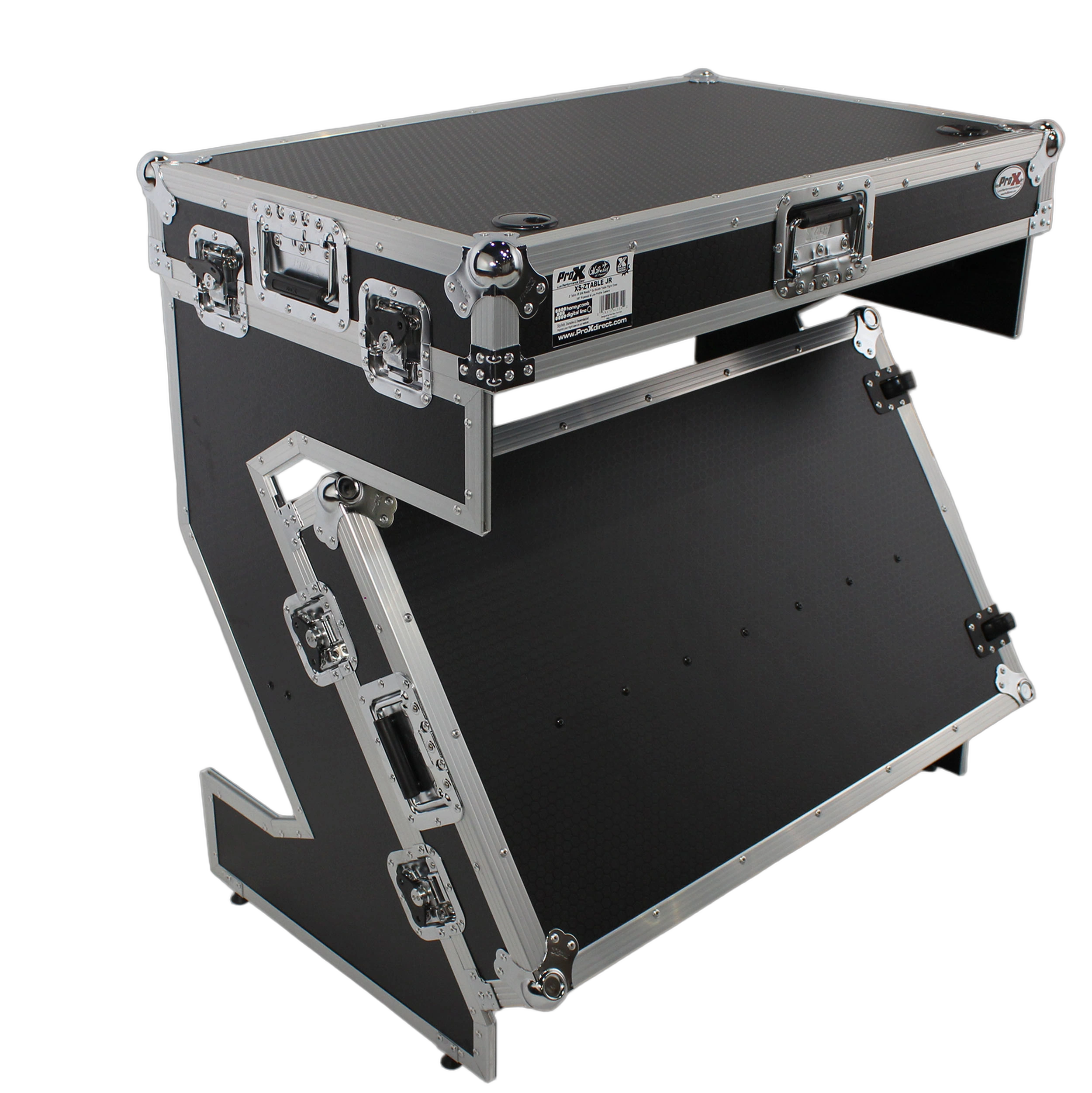 ProX Z-Table Jr Folding DJ Table Mobile Workstation ProX Z-Table Jr folding DJ table with flight case handles and wheels, secondary angle view