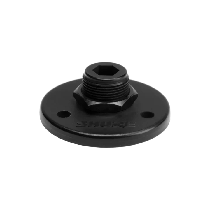 Shure A12 small mounting flange in black, front view showing attachment interface