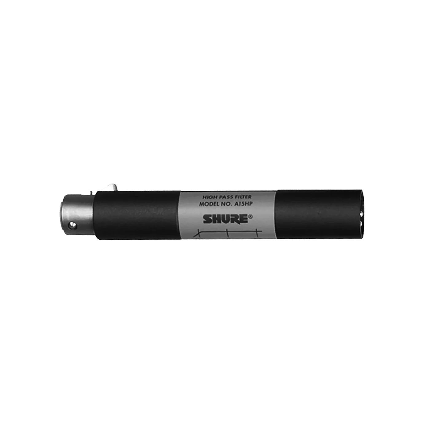 Shure A15HP In-Line High Pass Filter Front View Shure A15HP in-line high pass filter with XLR connectors and frequency control knob
