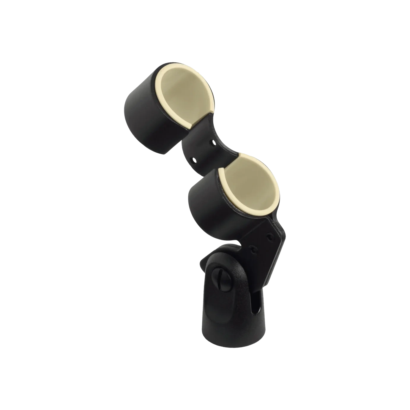 Shure A26M Dual Microphone Mount Front View Shure A26M dual microphone mount with adjustable clamps and stand adapter