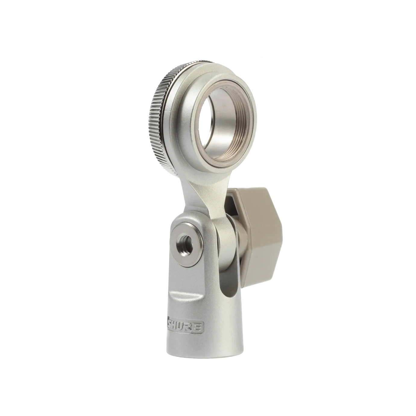 Shure A44AM Swivel Microphone Mount Front View Shure A44AM swivel microphone mount with ball joint adjustment and mounting hardware
