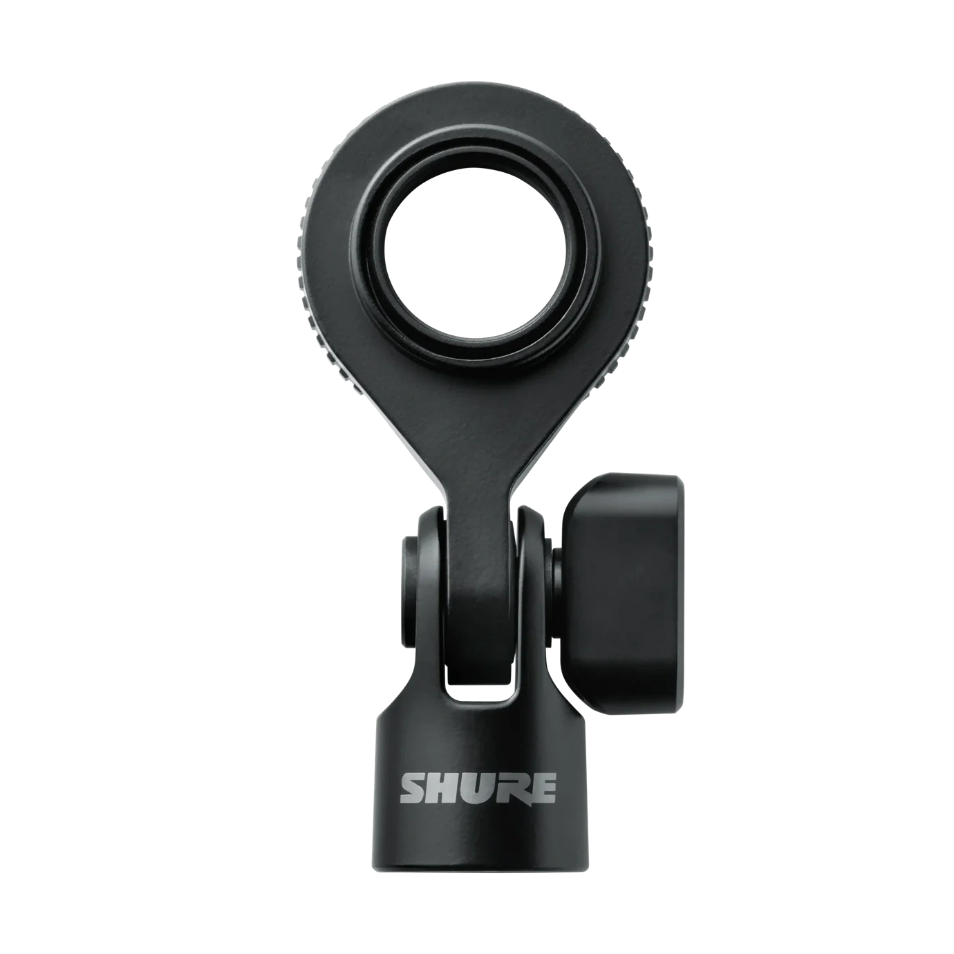 Shure A4M Swivel-Mount Microphone Clamp Front View Shure A4M swivel-mount microphone clamp with adjustable grip and rotation mechanism