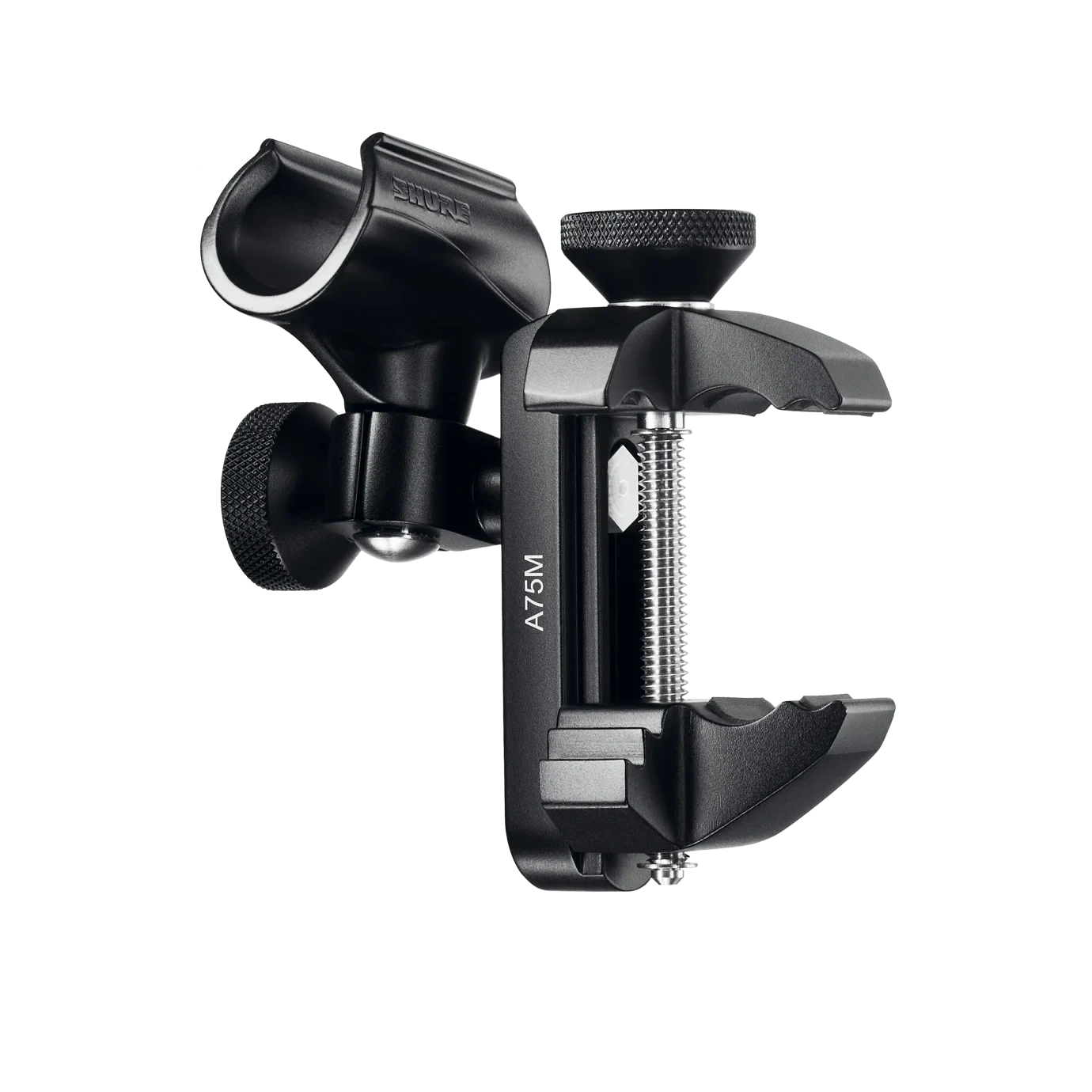 Shure A75M Universal Microphone Mount Front View Shure A75M universal microphone mount with adjustable clamp and stand adapter