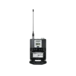 Shure AD1 bodypack transmitter X55 showing frequency controls and LED indicators detail view