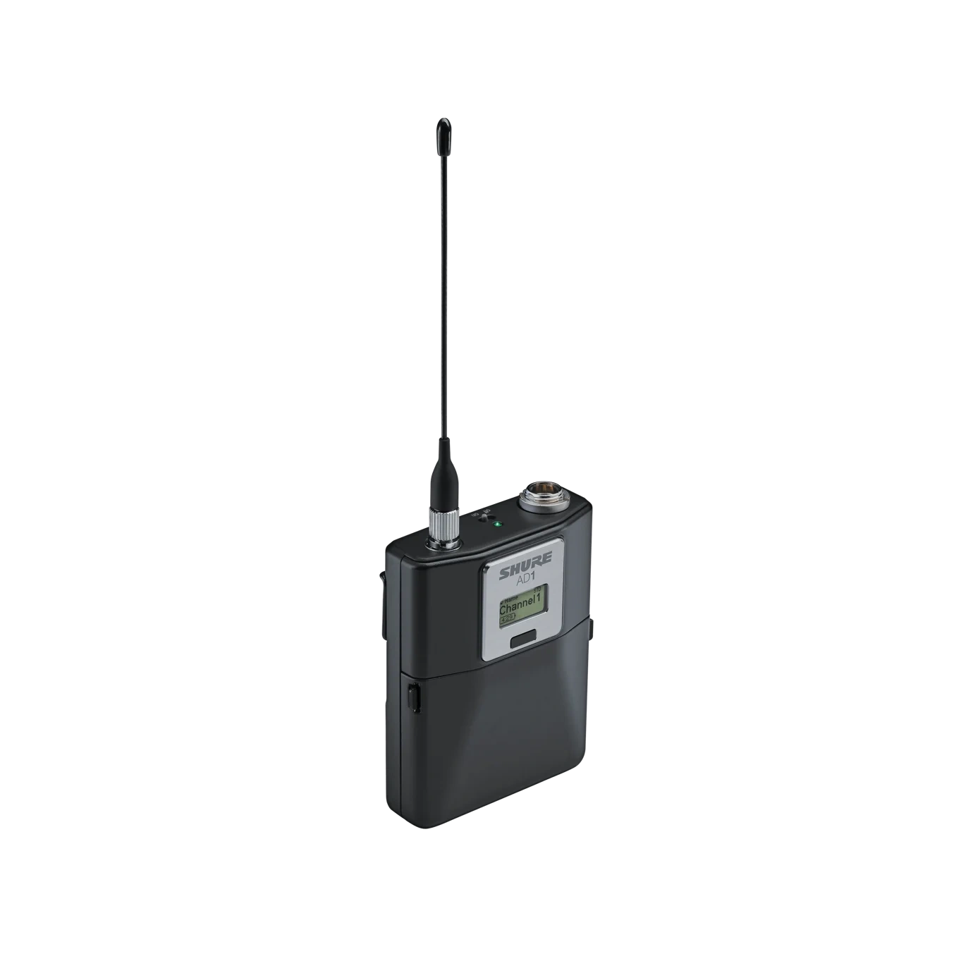 Shure AD1 Bodypack Transmitter X55 wireless microphone Shure AD1 bodypack transmitter in X55 frequency range, front view showing controls and antenna