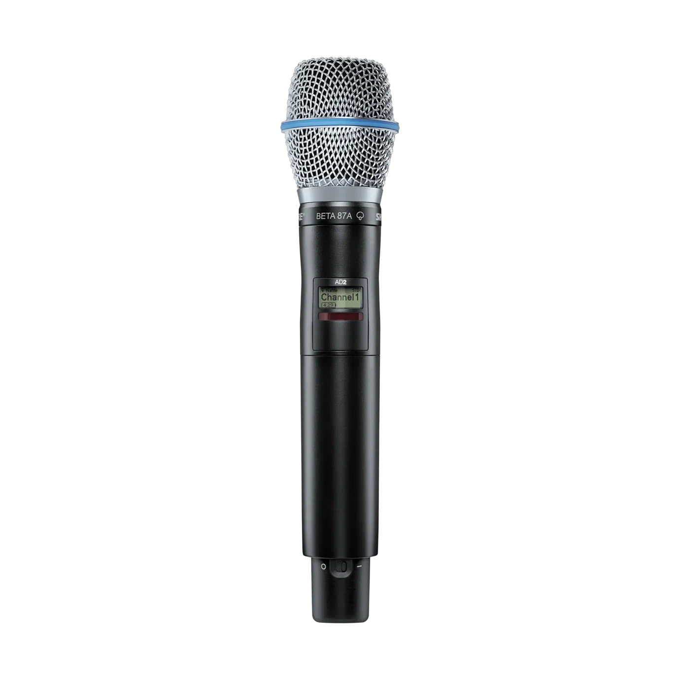 Shure AD2 B87A Wireless Microphone Transmitter Front View Shure AD2 B87A handheld wireless microphone transmitter with cardioid capsule, front angle view