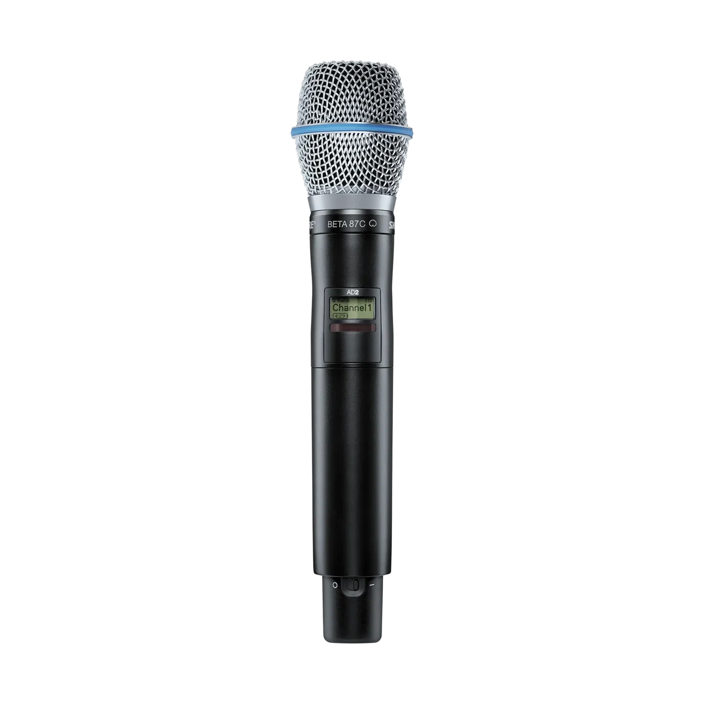 Shure AD2 B87C Wireless Microphone Transmitter Front View Shure AD2 B87C handheld wireless microphone transmitter with B87C capsule, X55 frequency band