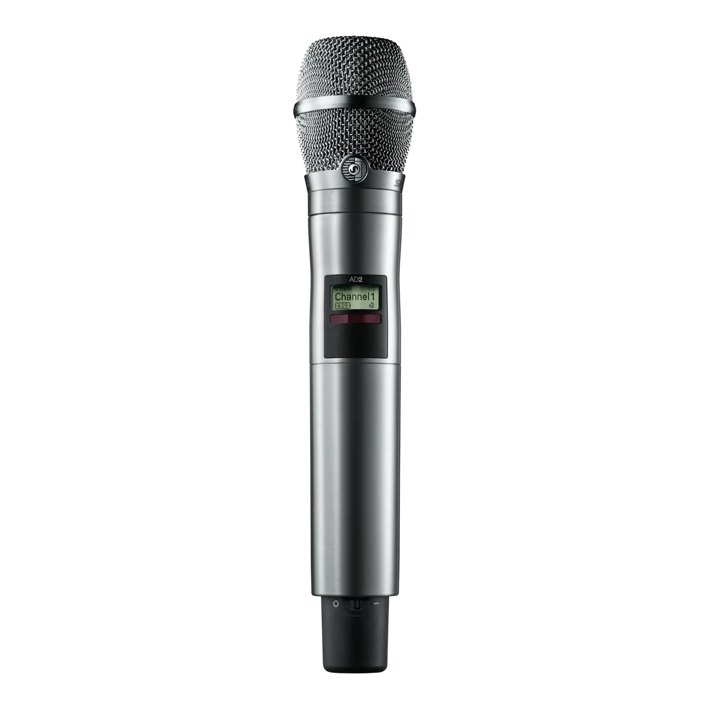 Shure AD2/K11 Wireless Microphone Transmitter Front View Shure AD2/K11 handheld wireless microphone transmitter with G57 frequency band controls and display