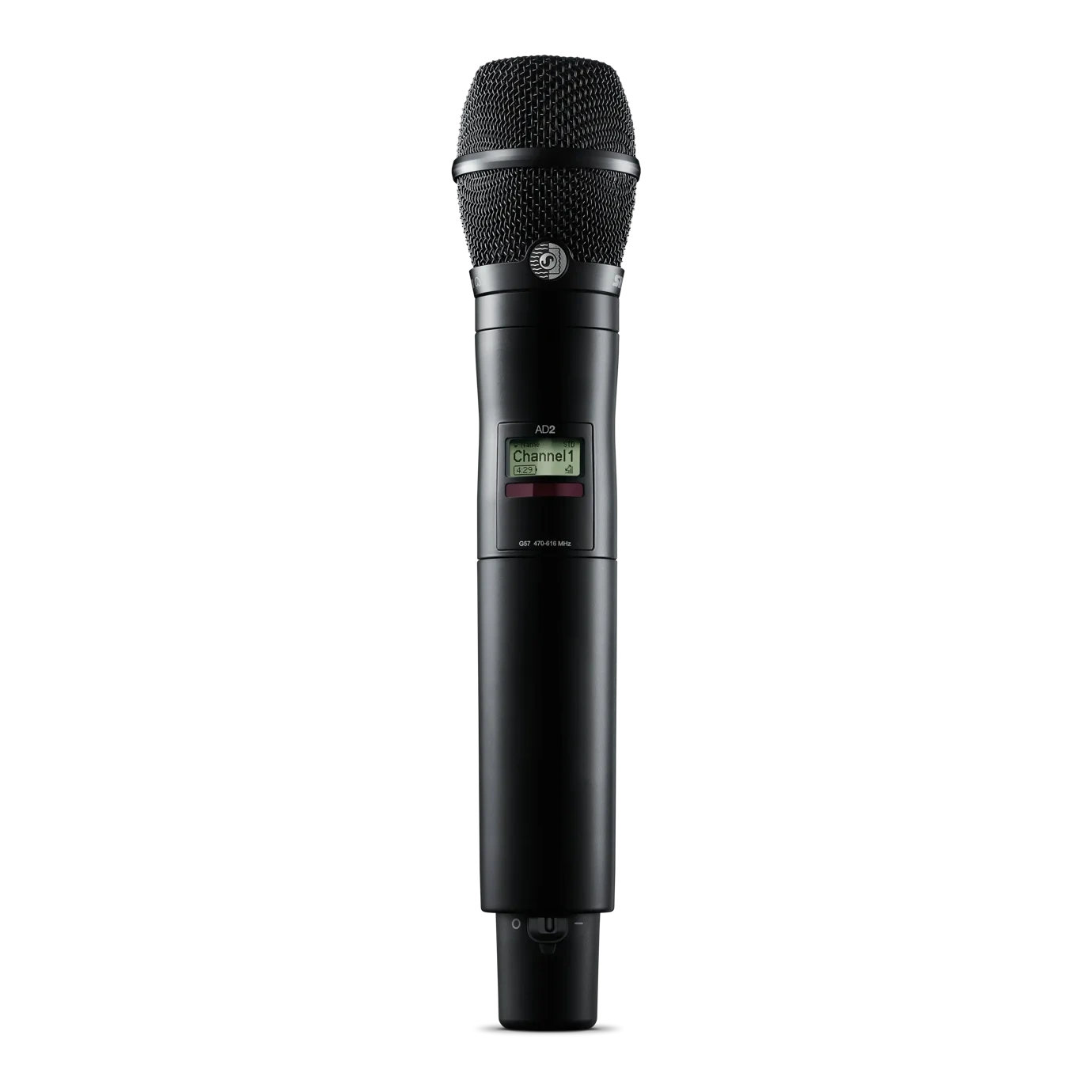 Shure AD2/K11 Wireless Microphone Transmitter Front View Shure AD2/K11 handheld wireless microphone transmitter with G57 frequency band display and controls