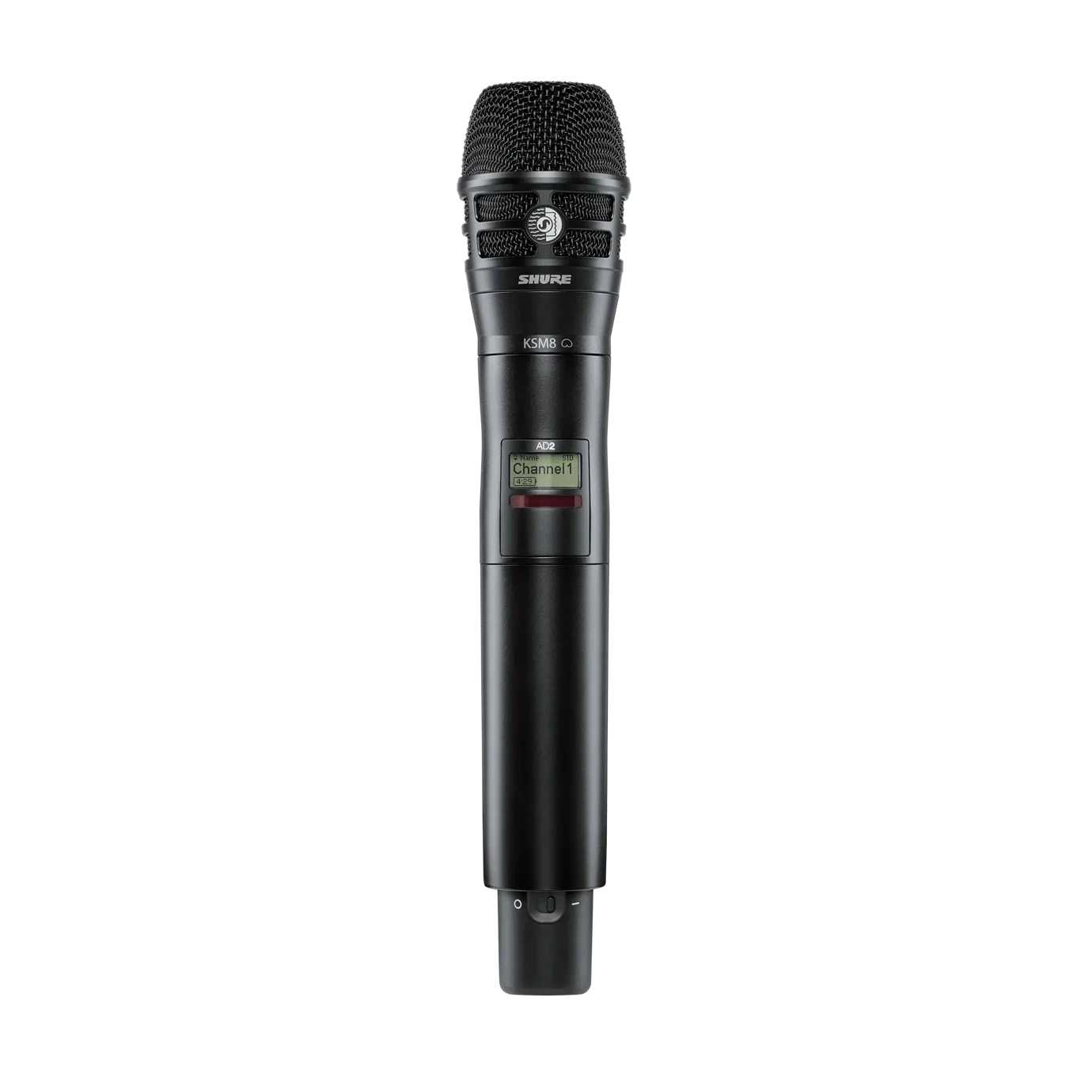 Shure AD2/KSM8 Wireless Microphone Transmitter Front View Shure AD2/KSM8 handheld wireless microphone transmitter with KSM8 capsule, G57 frequency band