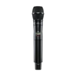 Shure AD2/KSM9 handheld wireless microphone transmitter showing front panel controls and display