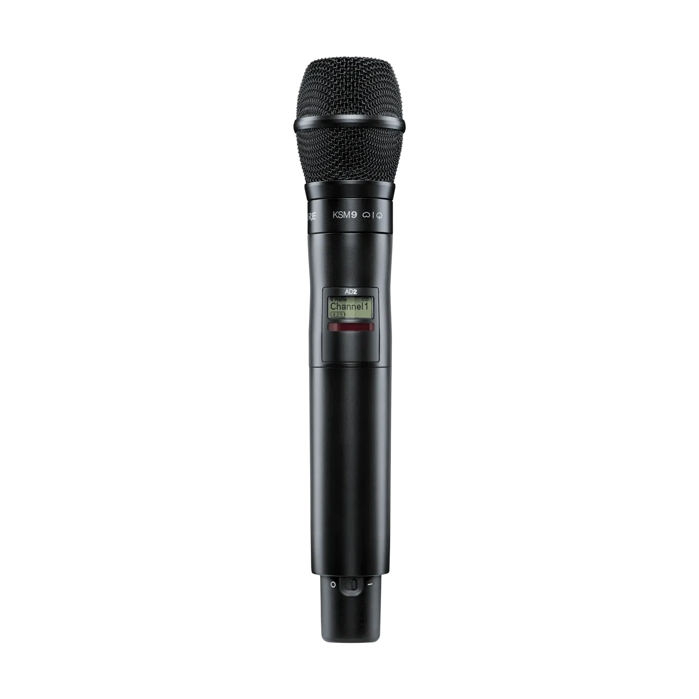 Shure AD2/KSM9 Wireless Microphone Transmitter Front View Shure AD2/KSM9 handheld wireless microphone transmitter showing front panel controls and display