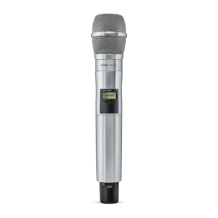 Shure AD2/KSM9 handheld wireless microphone transmitter with KSM9 capsule, front-facing view showing controls and display