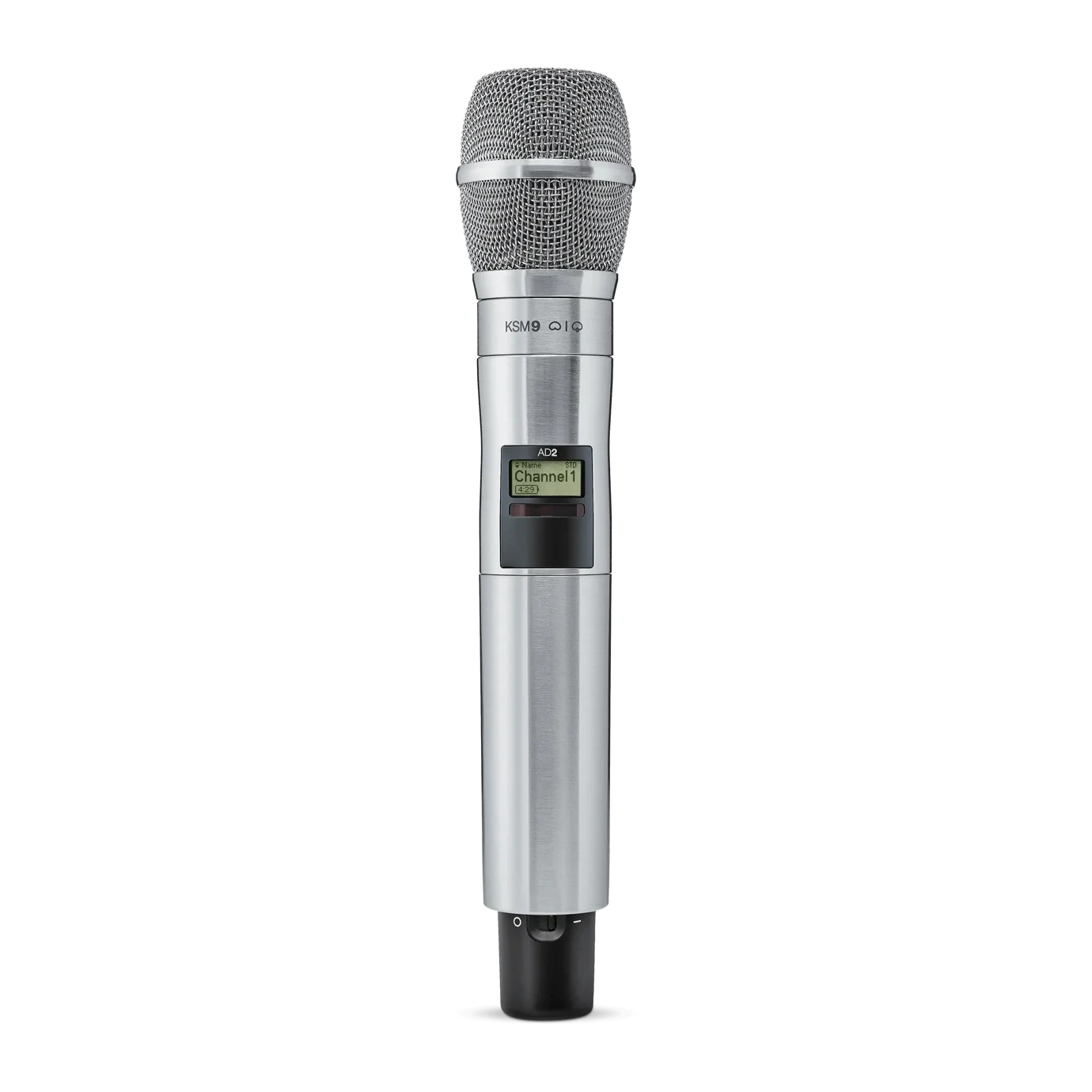 Shure AD2/KSM9 Wireless Microphone Transmitter Front View Shure AD2/KSM9 handheld wireless microphone transmitter with KSM9 capsule, front-facing view showing controls and display