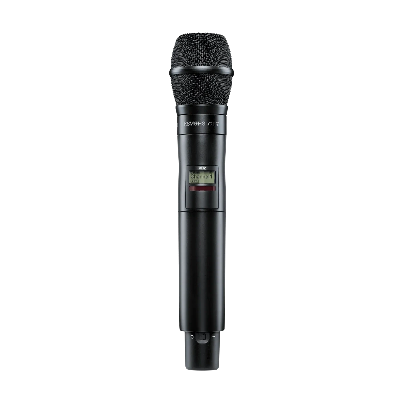 Shure AD2/KSM9HS Wireless Microphone Transmitter Front View Shure AD2/KSM9HS handheld wireless microphone transmitter with KSM9HS capsule, X55 frequency band