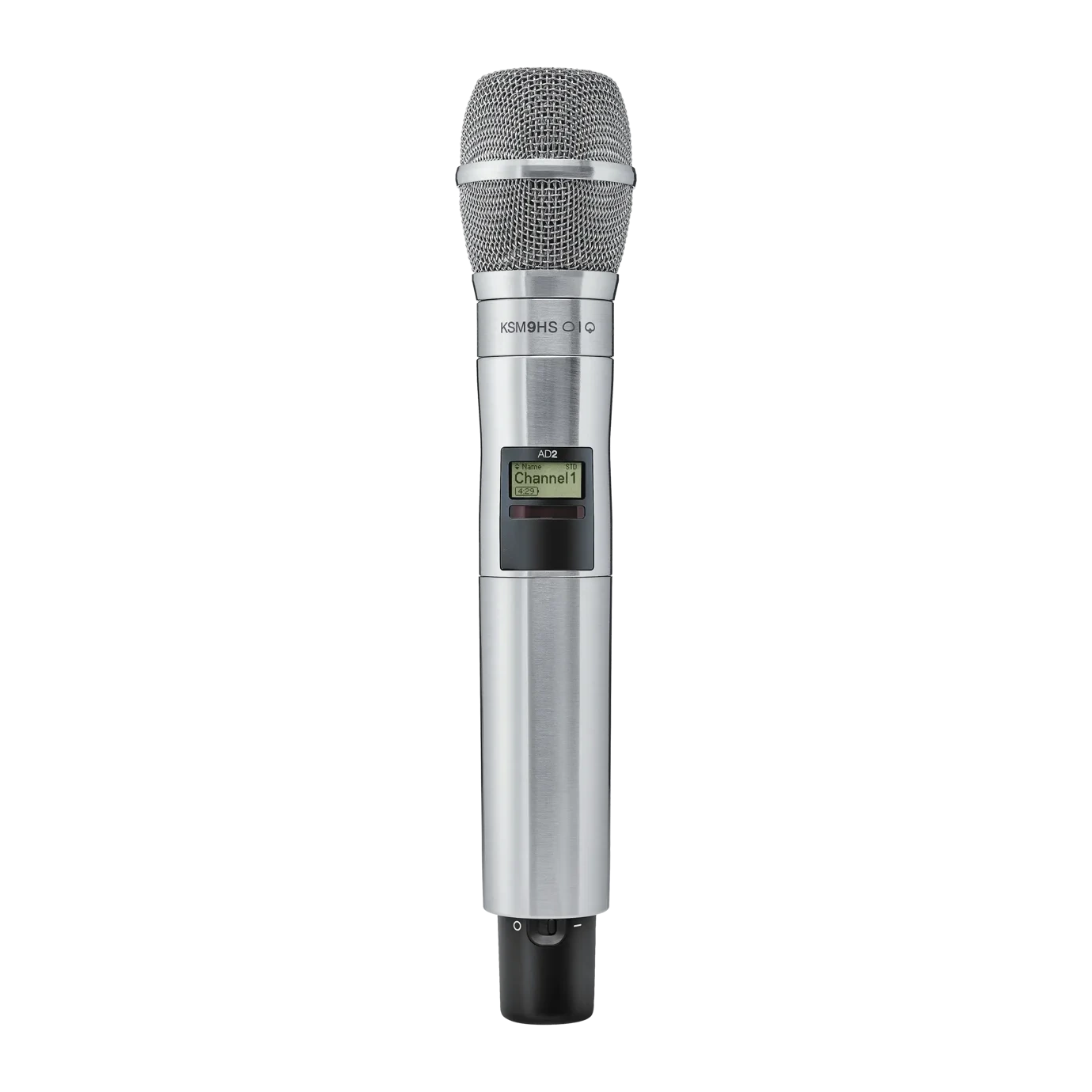 Shure AD2 KSM9HS Wireless Microphone Transmitter Front View Shure AD2 KSM9HS handheld wireless microphone transmitter with G57 frequency band display and controls