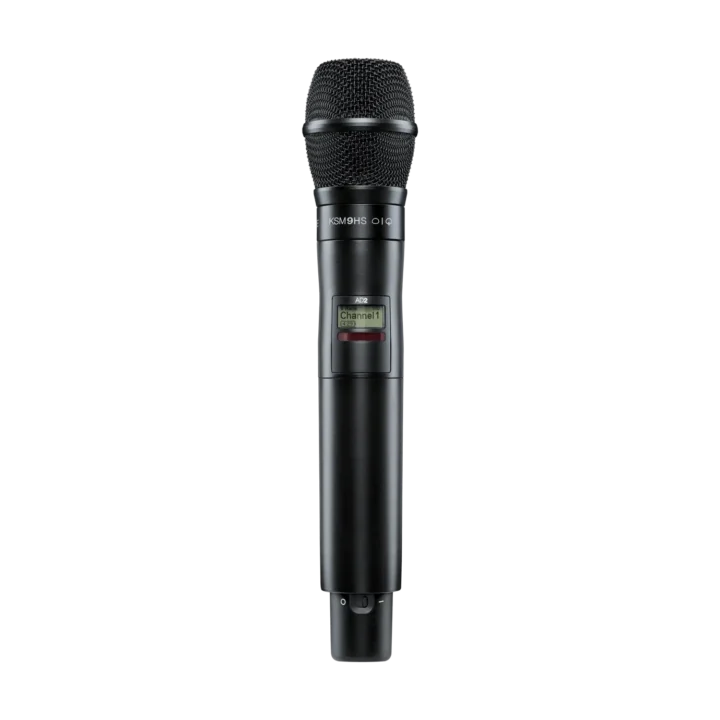 Shure AD2 KSM9HS handheld wireless microphone transmitter with integrated capsule, front angle view