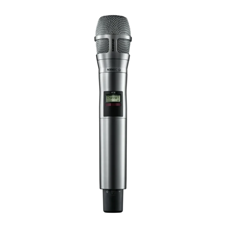 Shure AD2/N8C handheld wireless microphone transmitter in nickel finish, front view