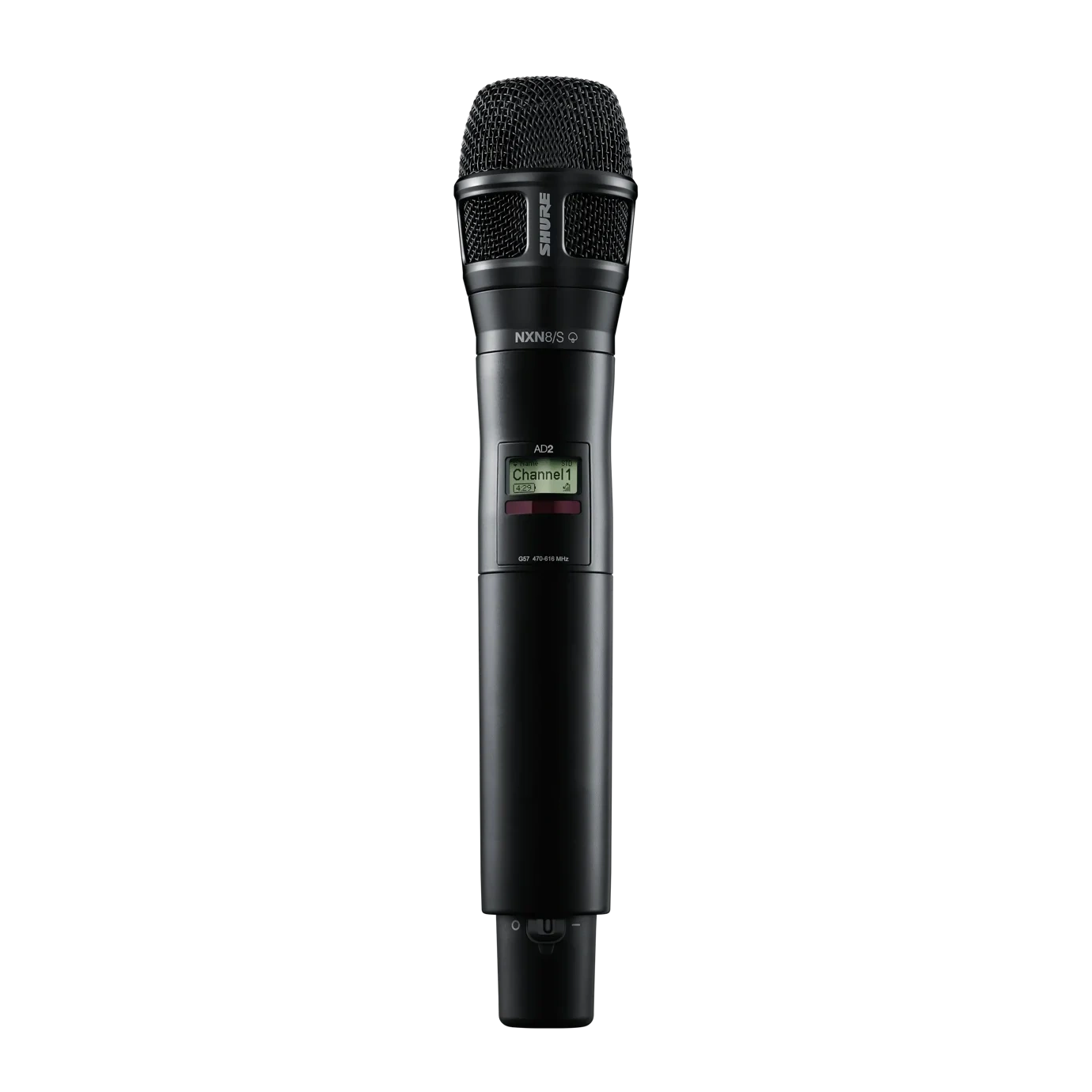 Shure AD2/N8S Handheld Wireless Microphone Transmitter Black Shure AD2/N8S handheld wireless microphone transmitter in black with grip handle and controls