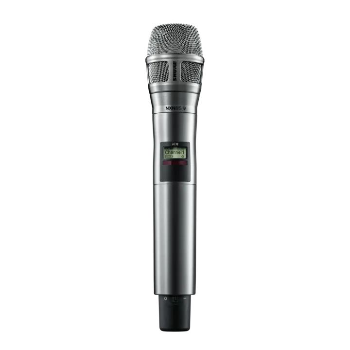 Shure AD2/N8S handheld wireless microphone transmitter in nickel finish, front view