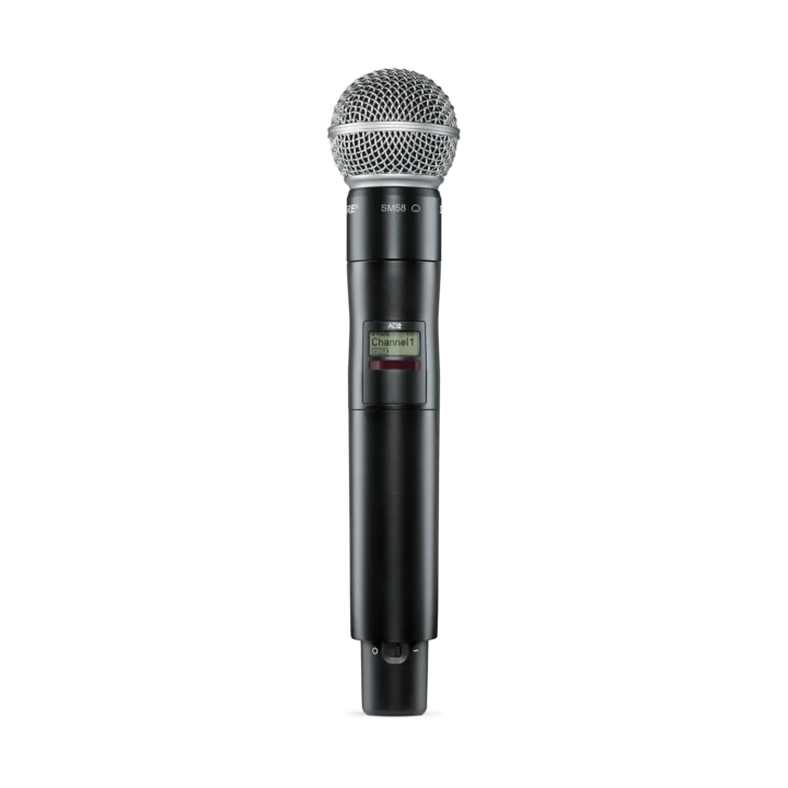 Shure AD2 SM58 handheld wireless microphone transmitter with X55 frequency band display and controls