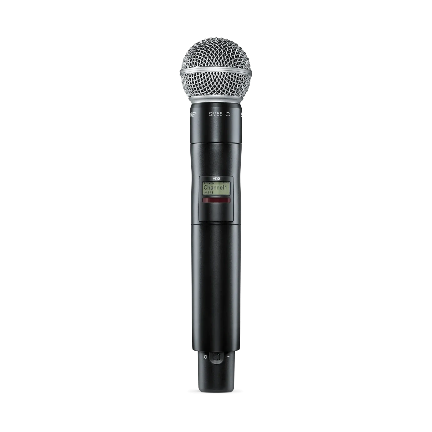 Shure AD2 SM58 Wireless Microphone Transmitter Front View Shure AD2 SM58 handheld wireless microphone transmitter with X55 frequency band display and controls
