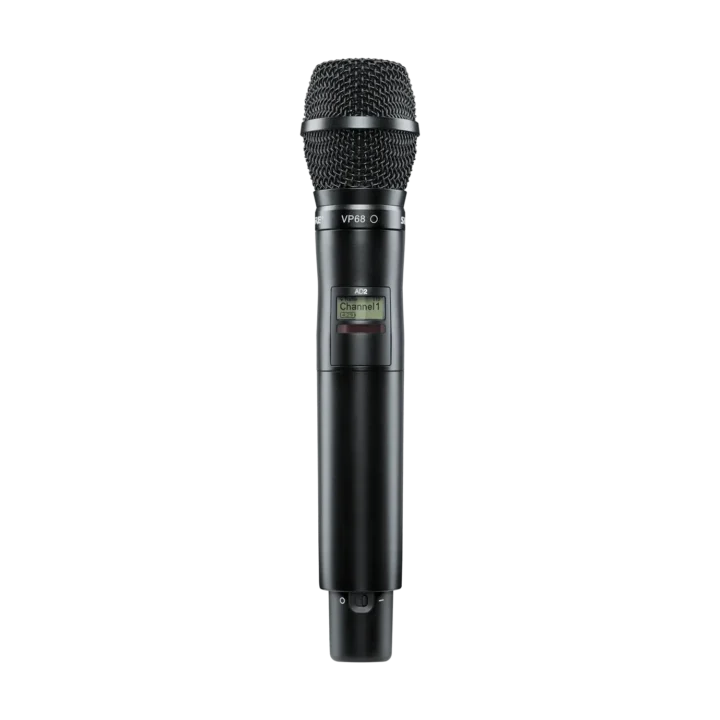 Shure AD2/VP68 handheld wireless microphone transmitter with X55 frequency band display and controls