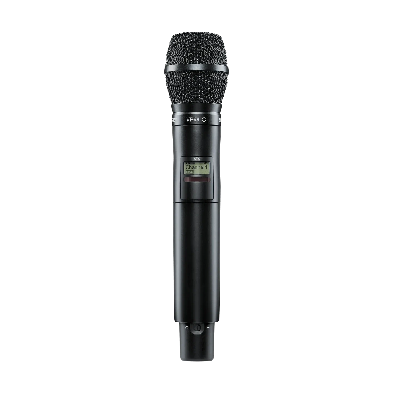 Shure AD2/VP68 Wireless Microphone Transmitter Front View Shure AD2/VP68 handheld wireless microphone transmitter with X55 frequency band display and controls
