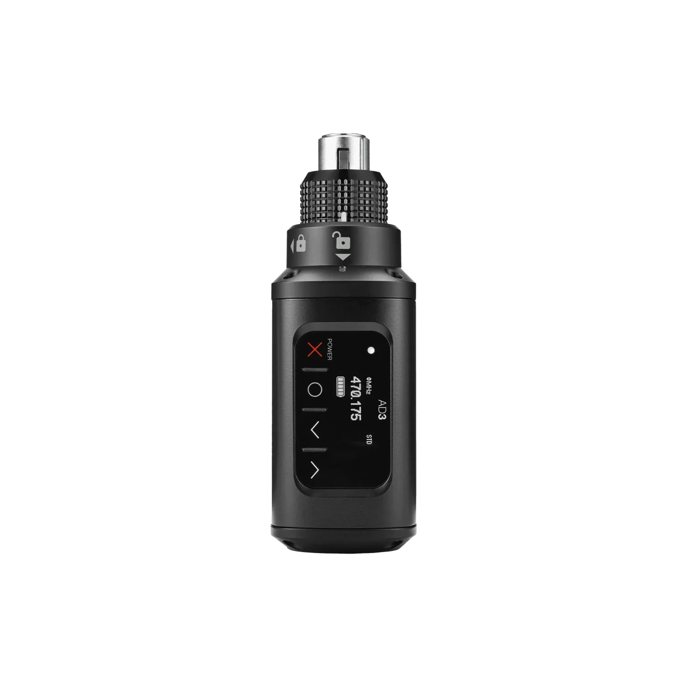 Shure AD3 Axient Digital Wireless Transmitter Front View Shure AD3 Axient Digital plug-on wireless transmitter with LCD display and control buttons