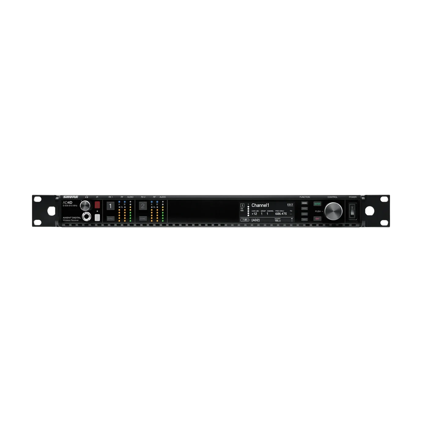 Shure AD4D Two-Channel Digital Wireless Receiver Front Shure AD4D two-channel digital wireless receiver with dual XLR outputs and LCD display panel
