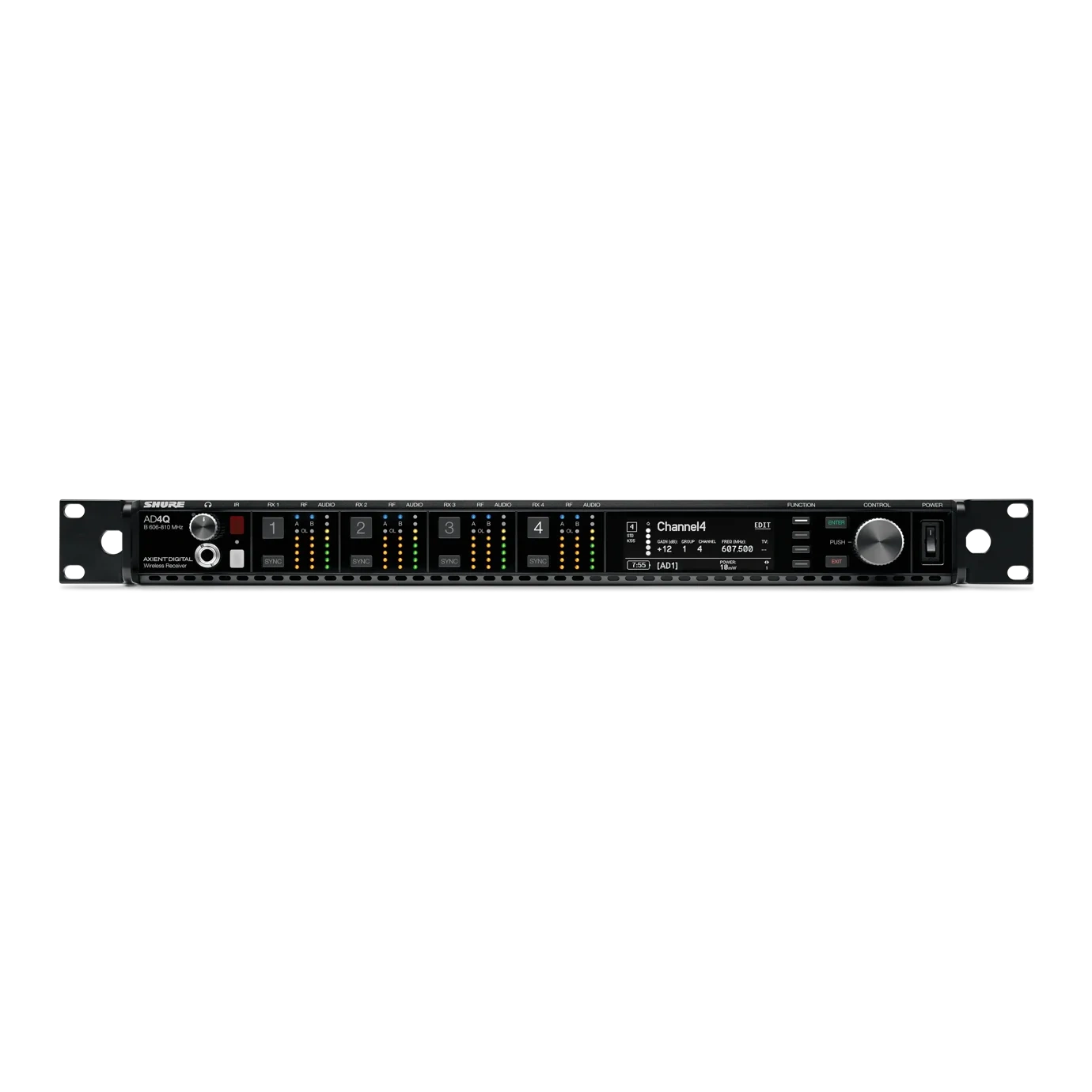 Shure AD4Q Four-Channel Digital Wireless Receiver Front Shure AD4Q four-channel digital wireless receiver with LCD display and control buttons, B-band 606-810 MHz