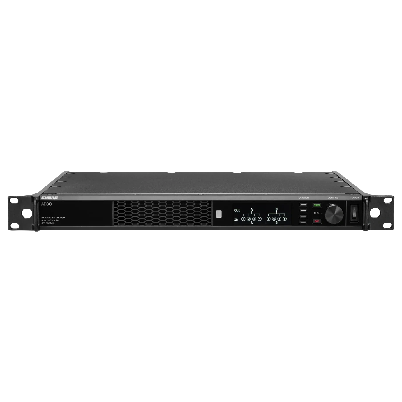 Shure AD8C Axient Digital PSM Antenna Combiner Front Shure AD8C Axient Digital PSM 8-port antenna combiner with front panel connectors and controls